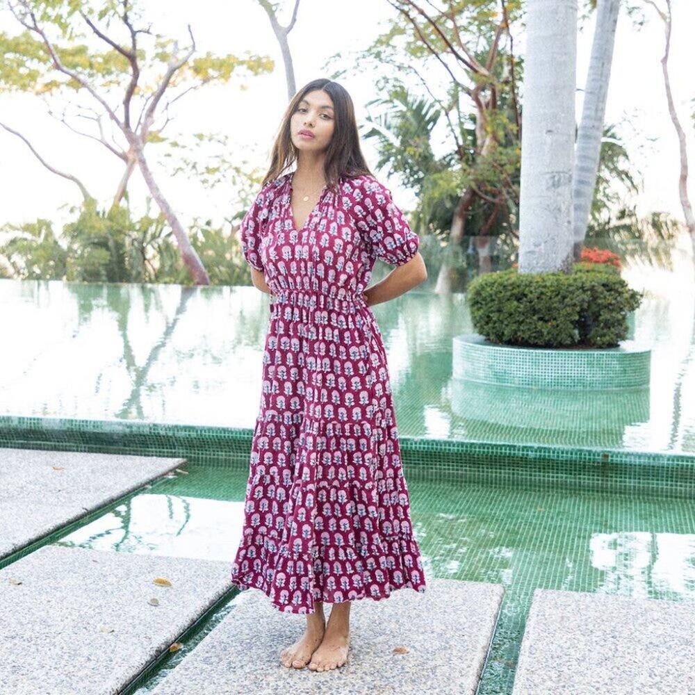 Fox & Mermaid NWT Maroon Block Print Boho Prairie Maxi Dress M